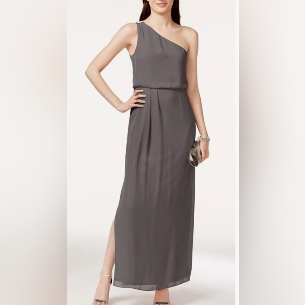 Adrianna Papell One Shoulder Chiffon Dress Graphite Gray 4 Bridesmaid Prom